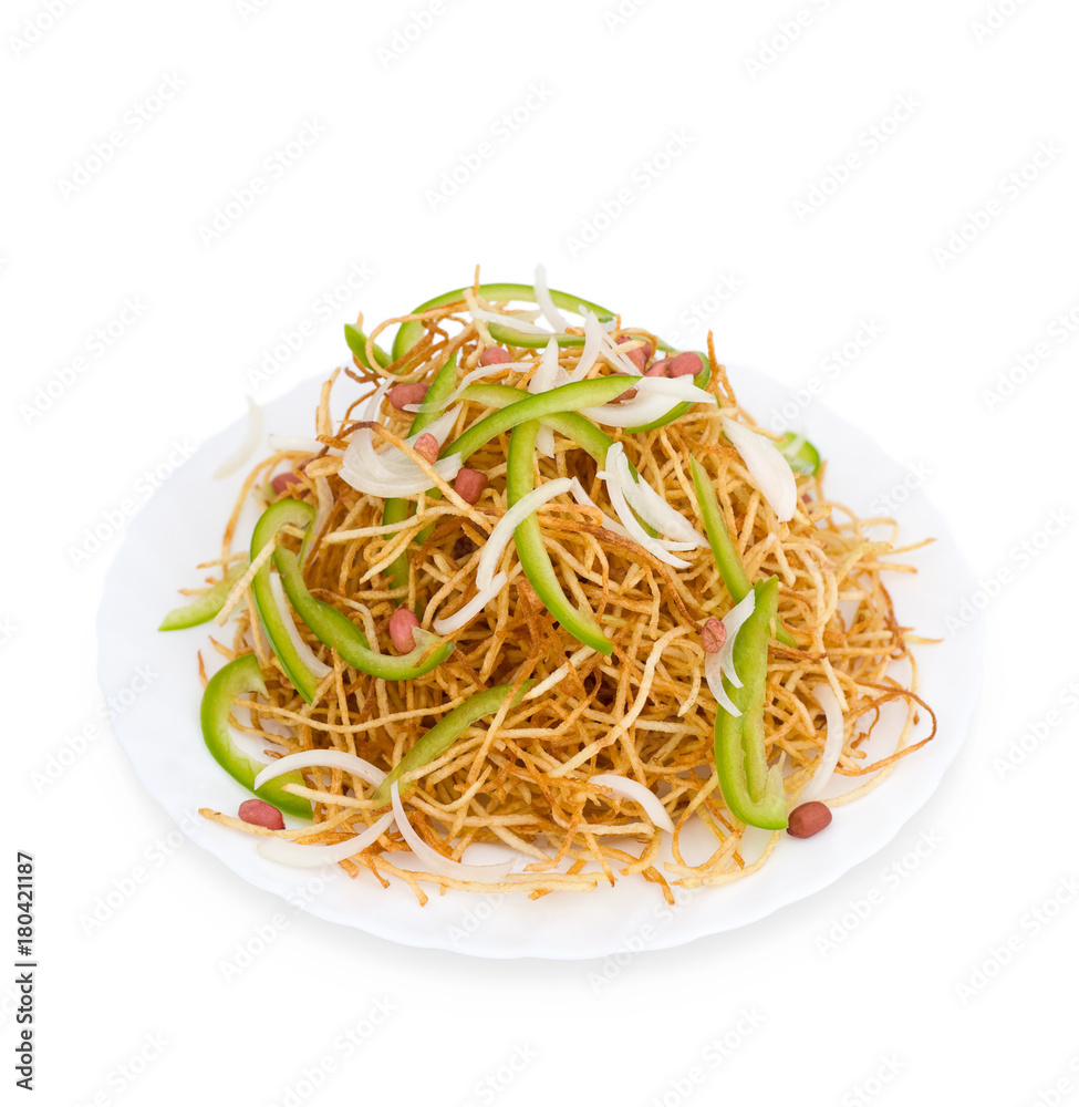 Chinese food. Salad with potato chips, clipping path.