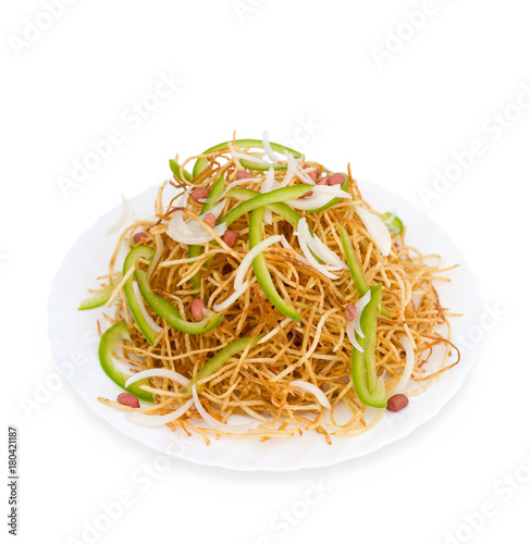 Chinese food. Salad with potato chips, clipping path.