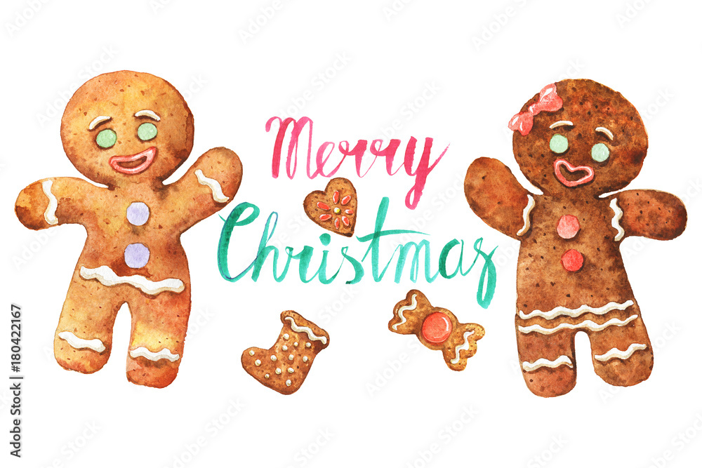 Watercolor Christmas greeting card with gingerbread cookies Watercolor Christmas greeting card with gingerbread cookies