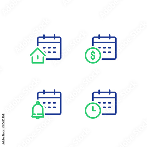 Monthly and annual payment, finance calendar, time period, real estate mortgage loan, bell reminder, vector icon