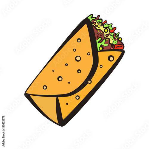 Colorful isolated outline vector burrito symbol. Cartoon flat linear mexican burritos icon for fast food restaurant or cafe menu, advertisement, banners, stickers, logo design