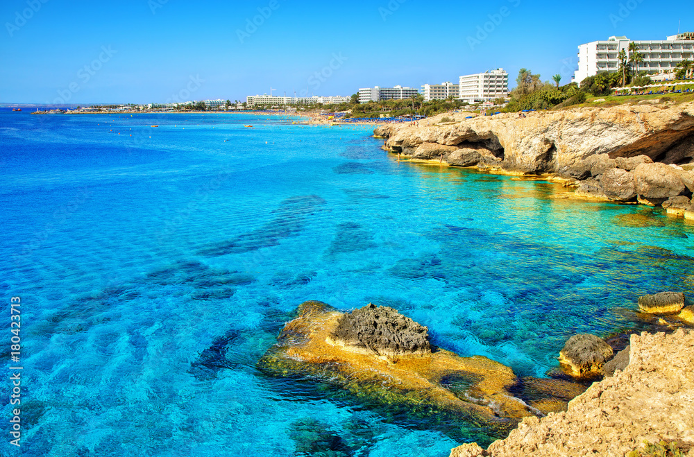 Ayia Napa coastline. Mediterranean sea of turquoise color near Cyprus.