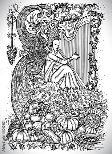 September month graphic concept. Hand drawn engraved fantasy illustration. Beautiful musician queen with arpa 