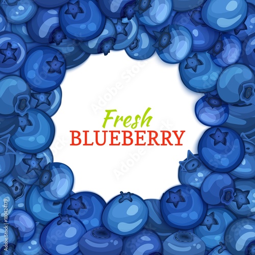 Round colored frame composed of delicious blueberry. Vector card illustration. Blue berry fresh and juicy bilberry frame for design of food packaging juice breakfast, cosmetics, tea, detox diet.