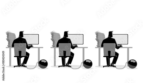 Businessmen working on computers chained into iron ball