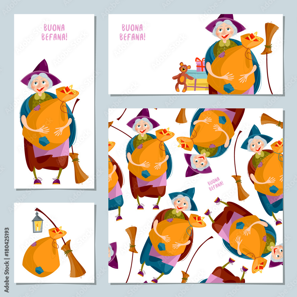 Fototapeta premium Set of 4 Christmas greeting cards with Befana. Italian Christmas tradition.