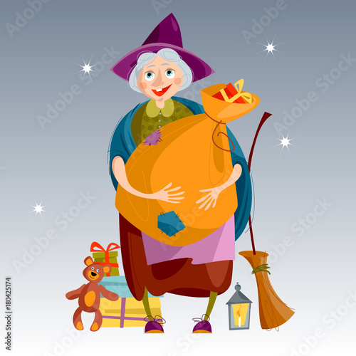 Befana. Old woman with  bag of gifts and a broom. Italian Christmas tradition.