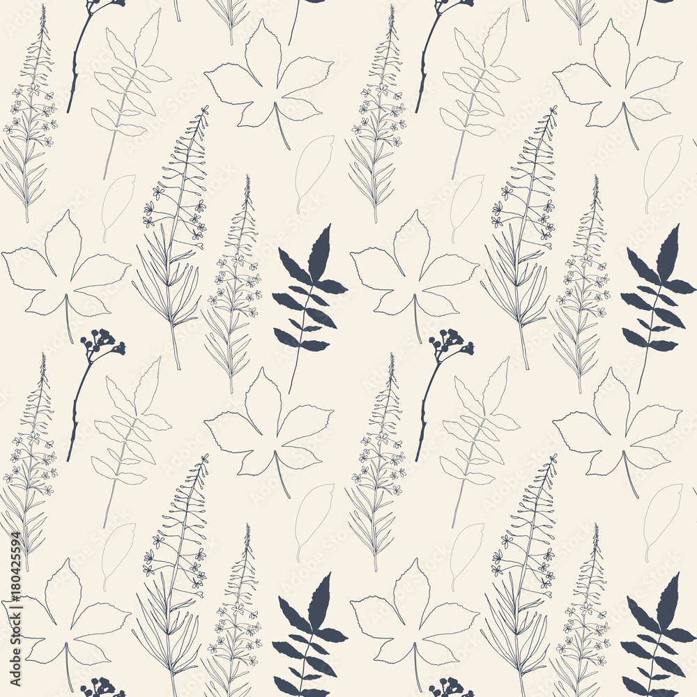 Floral vector seamless pattern with different hand drawn leaves, wild flowers and plants Floral vector seamless pattern with different hand drawn leaves, wild flowers and plants