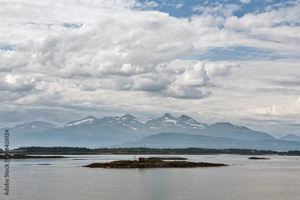 Mountain view with some islands in the fjord in Molde, Norway