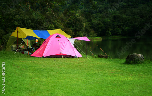 nature landscape pink camping tent under tree and colorful tarp on meadow and stone or rock with lake or river and tree mountain jungle for holiday relax on winter and soft warm sunlight at ched khot