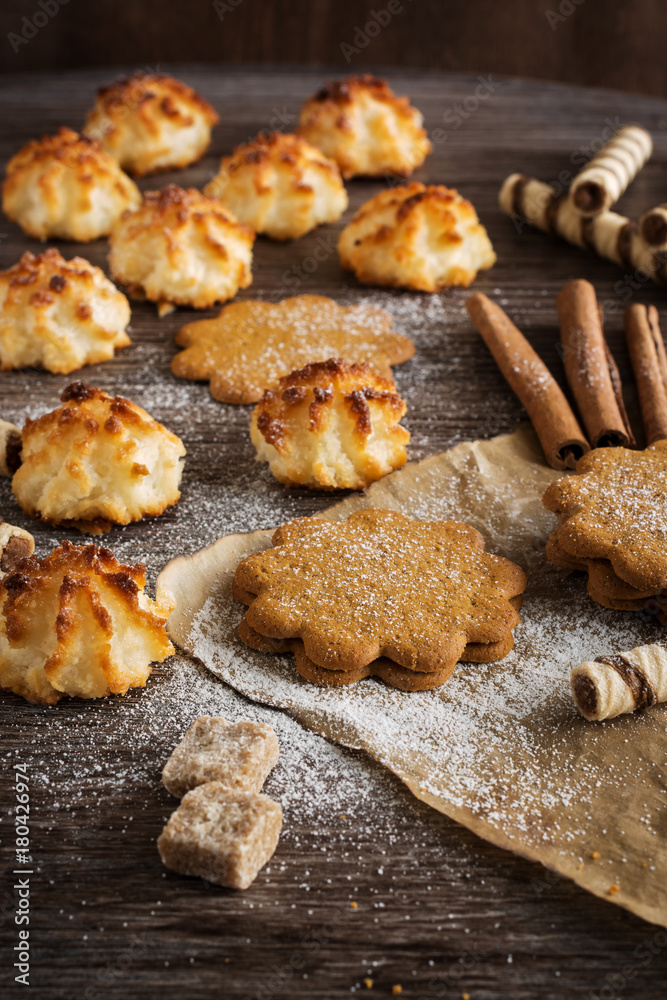 Homemade cookies. Coconut biscuits on a wooden table. selective focus Homemade cookies. Coconut biscuits on a wooden table. selective focus