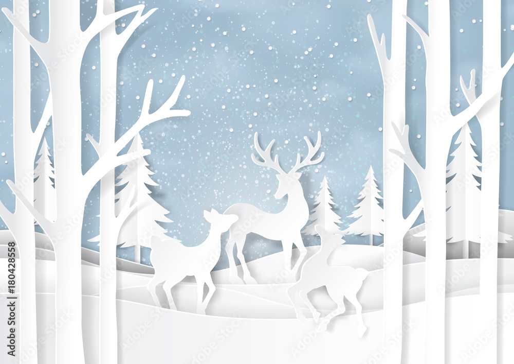 Nature landscape on snow winter background with deers familly.For merry christmas and happy new year paper art style.Vector illustration.