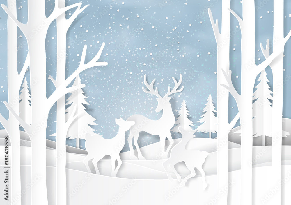 Obraz premium Nature landscape on snow winter background with deers familly.For merry christmas and happy new year paper art style.Vector illustration.
