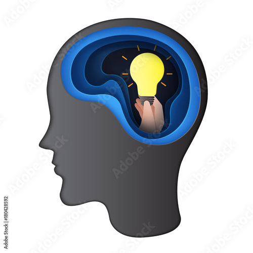 Giving idea to human brain concept.Paper carve of human head with getting idea from light bulb paper art style.Vector illustration.