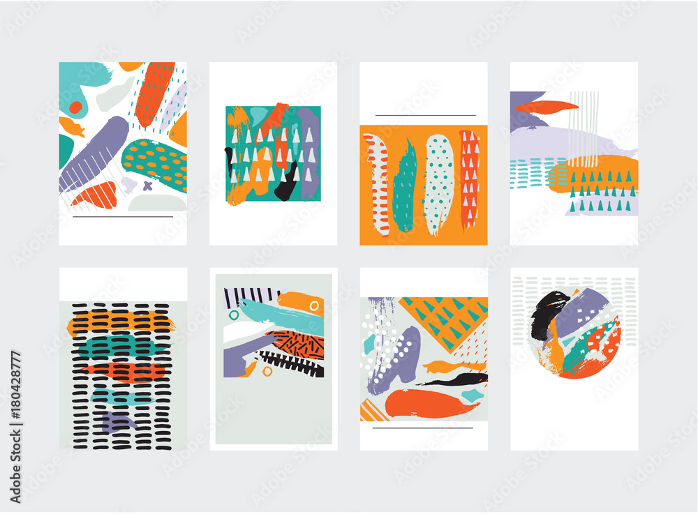 Vector abstract cards set. Hand drawn elemens in bright colors. Dots. spots and brush strokes in imperfect style Vector abstract cards set. Hand drawn elemens in bright colors. Dots. spots and brush strokes in imperfect style