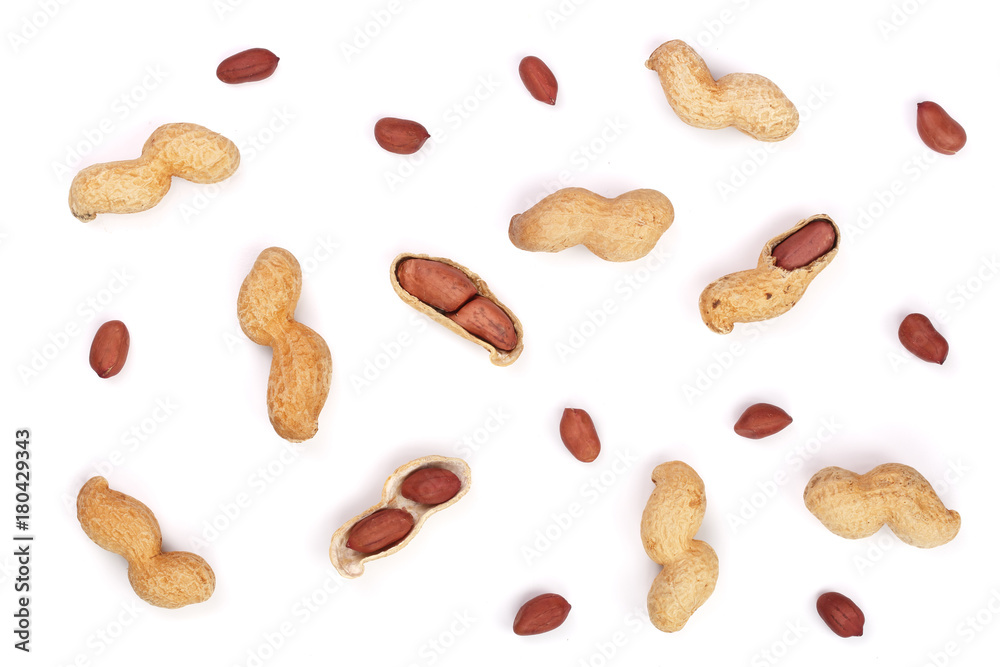 Peanuts with shells isolated on white background, top view. Flat lay pattern Peanuts with shells isolated on white background, top view. Flat lay pattern