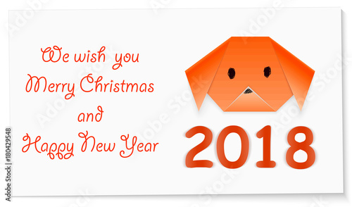 Realistic Paper Dog Greeting Card for New Year and Merry Christmas