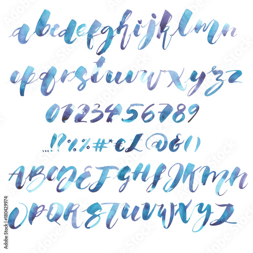 Watercolor Alphabet. Exclusive Custom Characters. Hand Lettering and Typographic art for Designs: Logo, for Poster, Invitation, Card, etc. Brush Typography. Handwritten style modern cursive font.