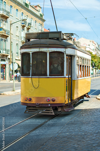 Famous Lisbon tram on the street.