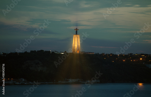 Cristo Rei statue in Lisbon at night.