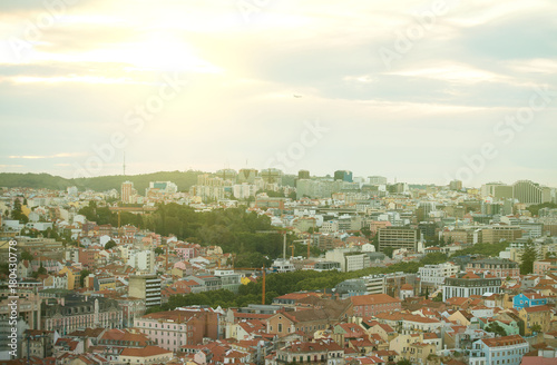 View of old city and modern city of Lisbon at sunset.