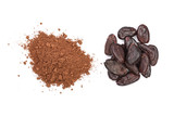 cocoa bean and cocoa powder isolated on white background top view