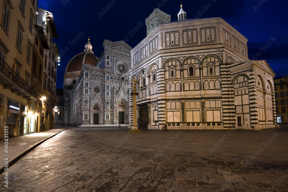 View of the Baptistery and the Cathedral of Santa Maria del Fiore in the night illumination. Florence, Italy