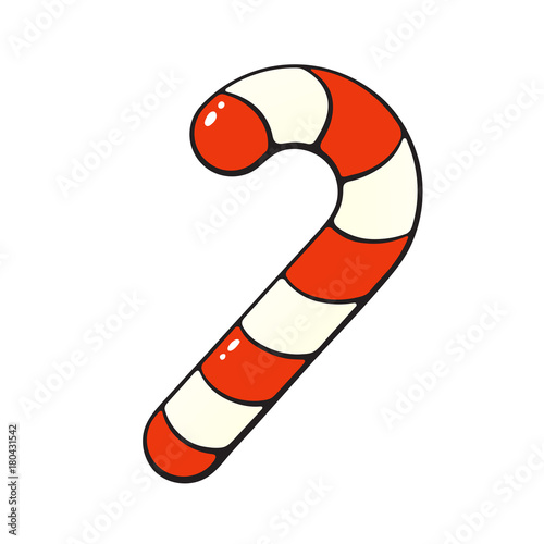 Vector illustration. Christmas candy cane. Santa's stripes cane. Sweet holiday food. Tradition New Year dessert. Sticker in cartoon style with contour. Isolated on white background