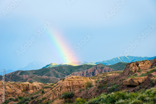 Rainbow over Skazka canyon, kyrgyzstan