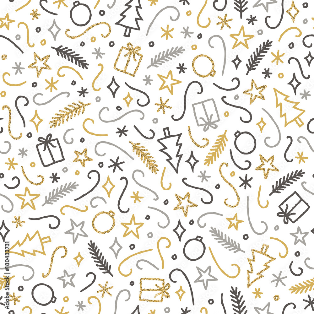 Silver and gold Christmas seamless pattern. Vector hand drawn doodles illustration