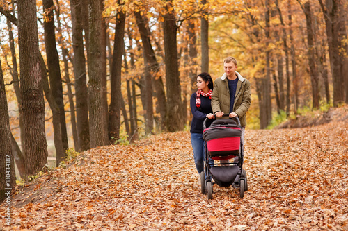 parents with stroller walking in the autumn forest