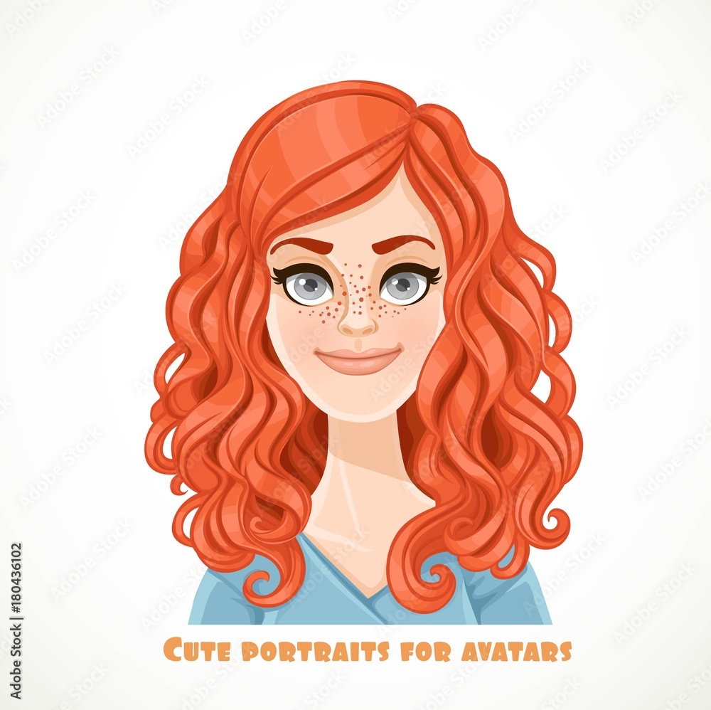 Cute curly redhaired young woman portrait for avatar isolated on a white background