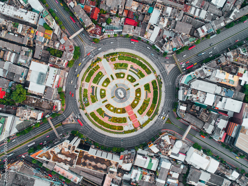The road roundabout at morning and the city in Bangkok, Thailand. Aerial view. Top view. Background scenic road. photo