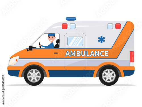Vector cartoon van medical car with driver man