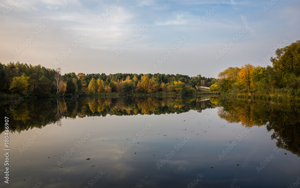 Landscape with pond at autumn in Zalesie Dolne, Poland