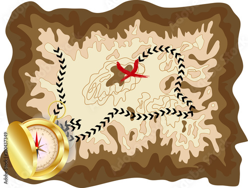 A pirate old map on a yellow parchment with a marked route and a red mark with a golden compass lying on it, encrypted messages