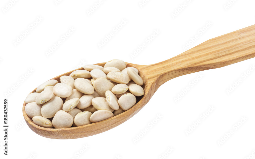 White kidney beans in wooden spoon isolated on white background White kidney beans in wooden spoon isolated on white background
