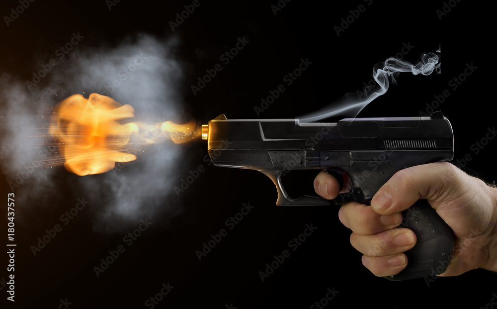 shot gun black fire smoke black background sparks flight bullets hand  finger presses trigger Stock Photo | Adobe Stock