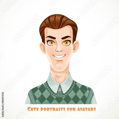 Cute brunette men in a casual knitted waistcoat portrait for avatar isolated on a white background