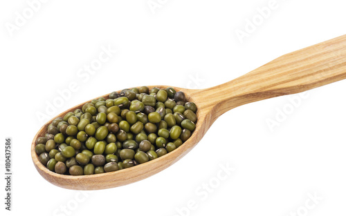 Green mung in wooden spoon isolated on white background