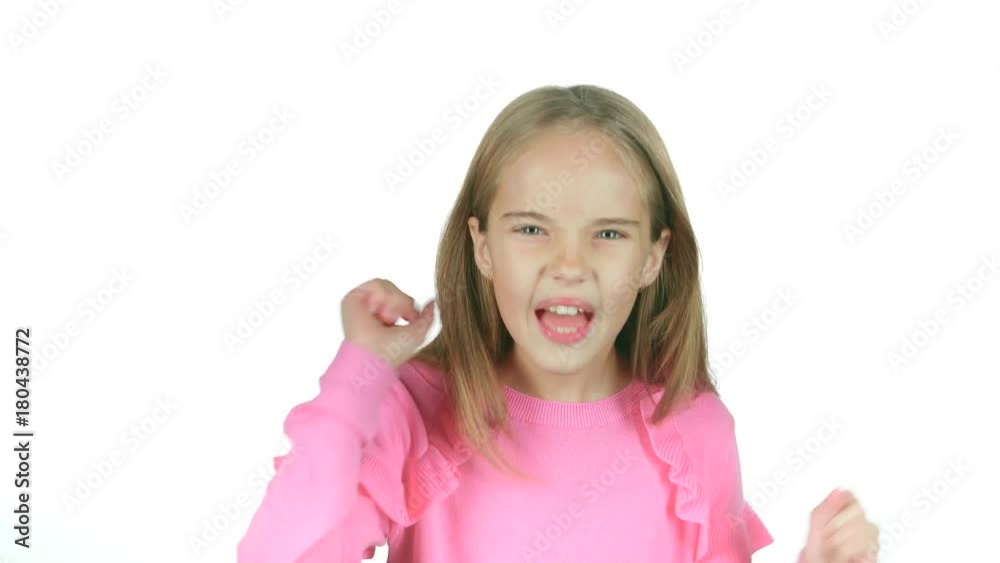 Little girl screams for her bad mood, she's angry. White background. Slow motion Little girl screams for her bad mood, she's angry. White background. Slow motion