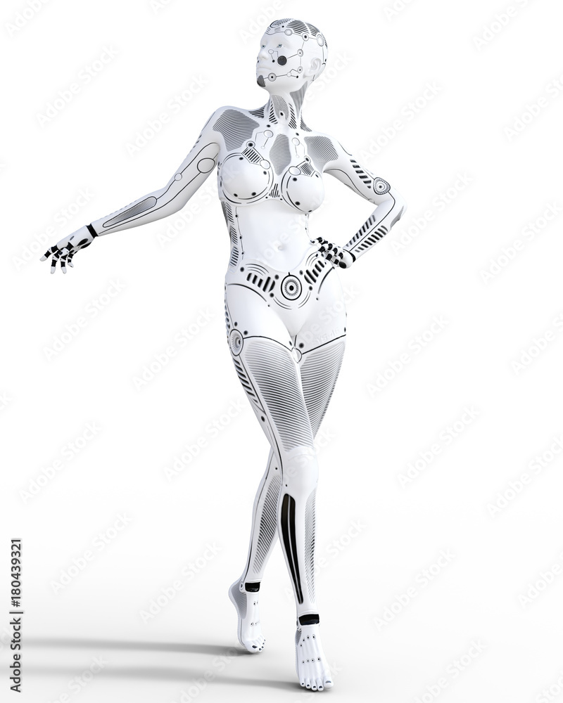 Robot woman. White metal droid. Artificial Intelligence. Conceptual fashion art. Realistic 3D render illustration. Studio, isolate, high key. Robot woman. White metal droid. Artificial Intelligence. Conceptual fashion art. Realistic 3D render illustration. Studio, isolate, high key.