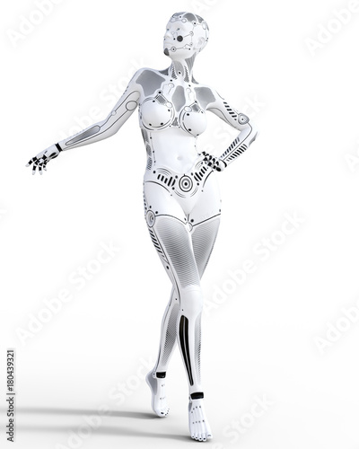 Robot woman. White metal droid. Artificial Intelligence. Conceptual fashion art. Realistic 3D render illustration. Studio, isolate, high key.