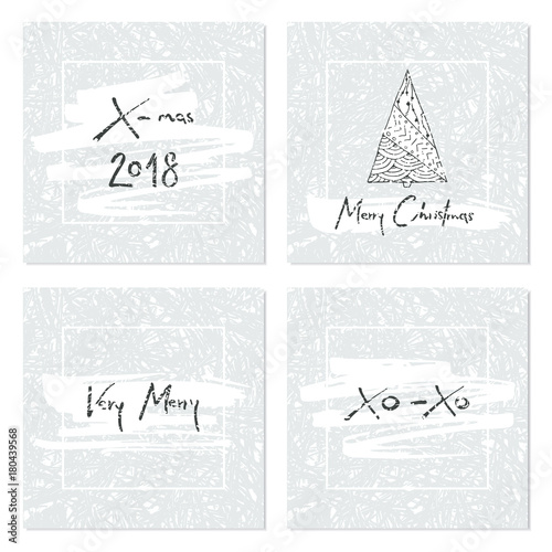 Set of creative Christmas cards with frozen texture, Christmas tree and hand drawn lettering. X- mas 2018. Merry Christmas. Xo-Xo. Template for greeting cards, scrapbooking, invitations and stickers.