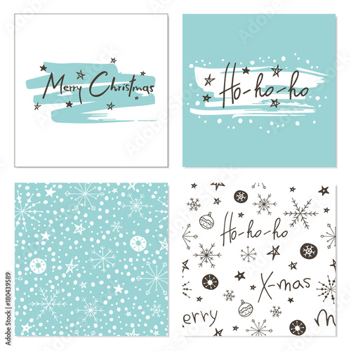 Set of creative Christmas cards with snowflakes, seamless patterns and hand drawn lettering. Merry Christmas. Ho-Ho-Ho. Template for greeting cards, scrapbooking, invitations and stickers.