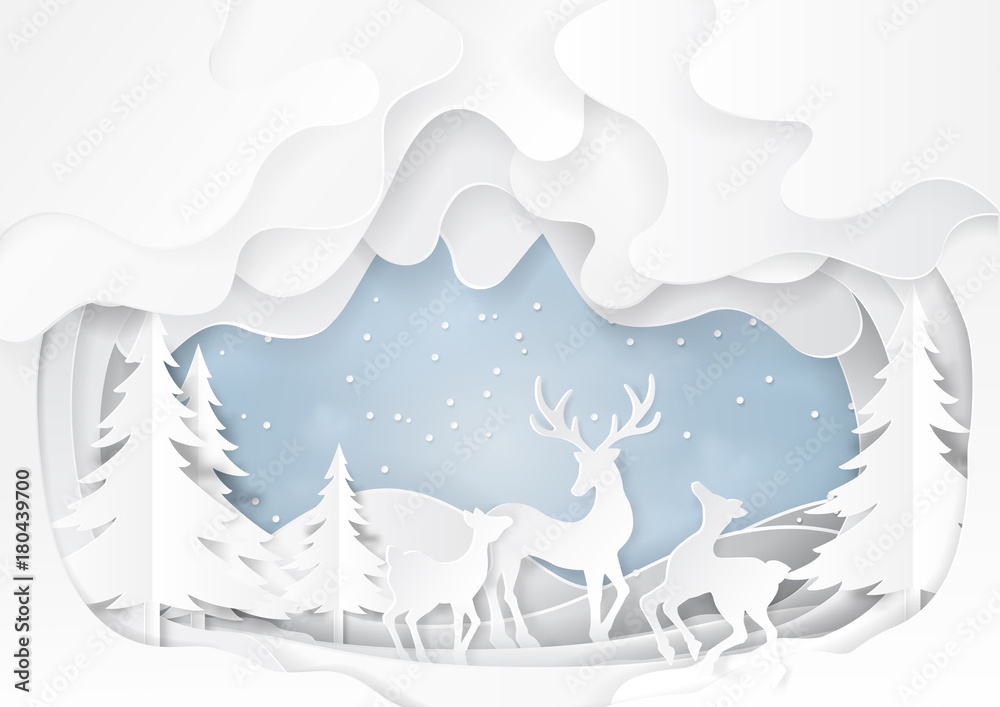 Obraz premium Deers family playing on snow and winter season abstract background with nature landscape for merry christmas and happy new year paper art style.Vector illustration.