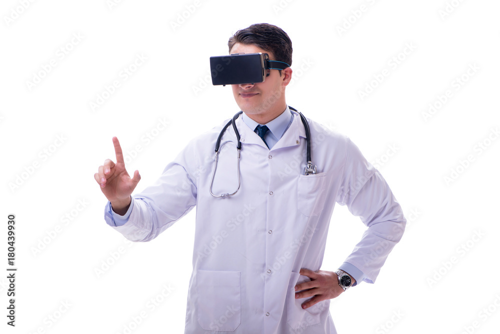 Doctor wearing a vr virtual reality headset isolated on white ba Doctor wearing a vr virtual reality headset isolated on white ba