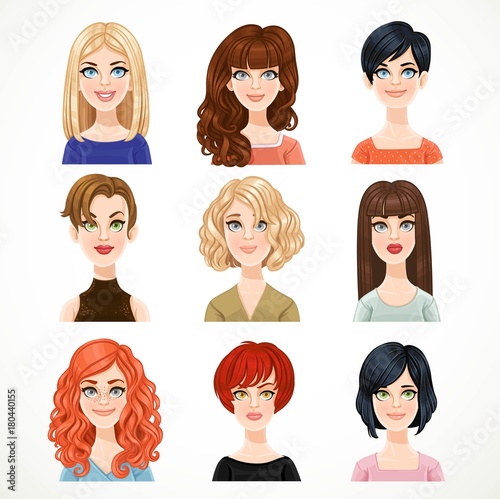 Set of portraits of avatars of cute different women isolated on a white background
