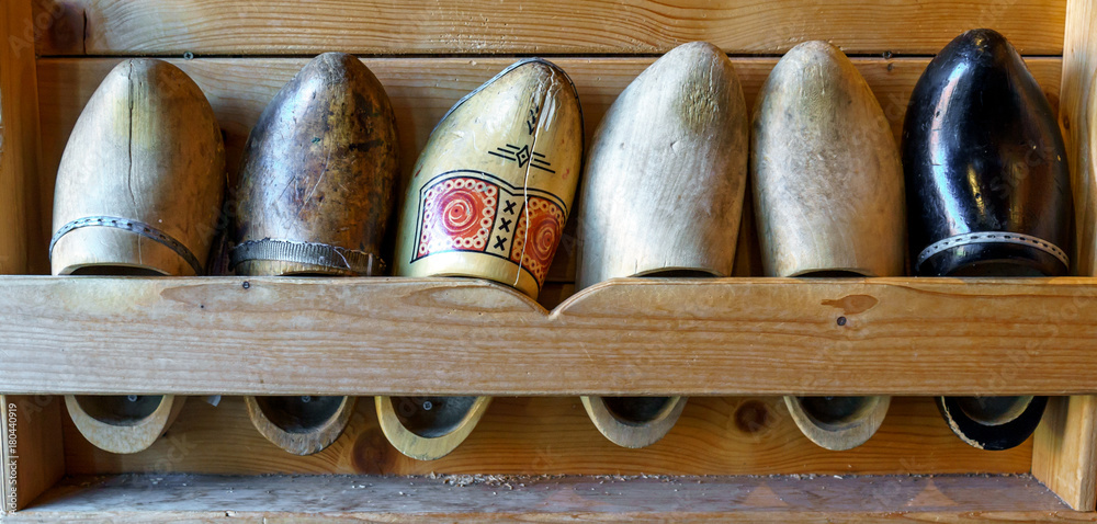 Set of different vintage old Dutch wooden clogs