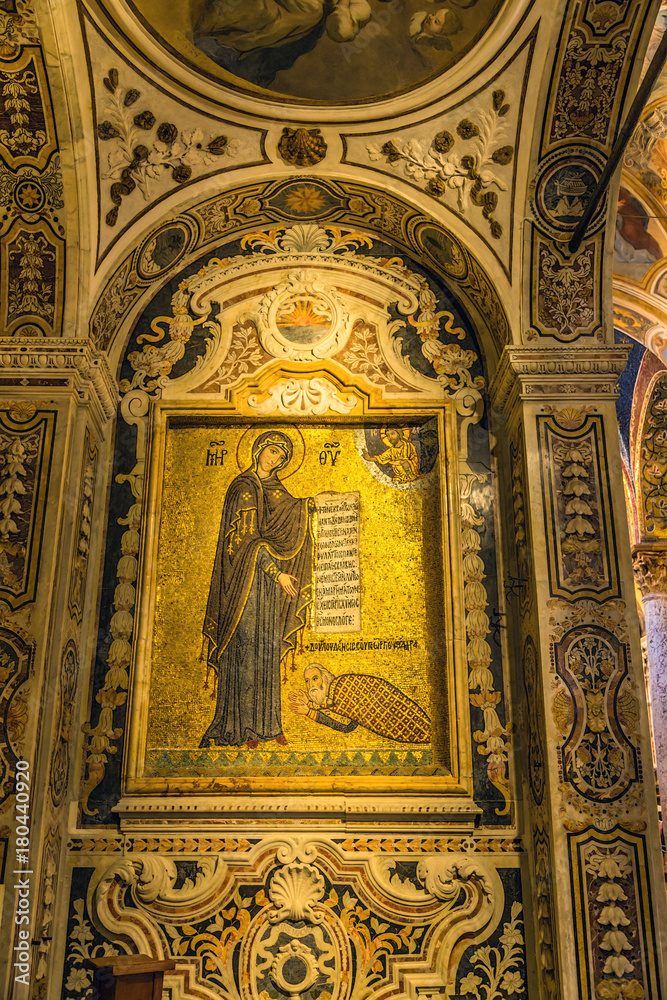 Palermo, Sicily, Italy. Martorana Church, XII century, the list of world cultural heritage of UNESCO: a mosaic depicting George of Antioch (the Builder of the Church) at the feet of the Virgin